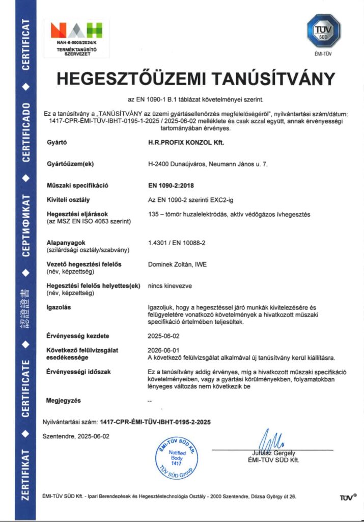 Hegezstőüzemi tanusítvány